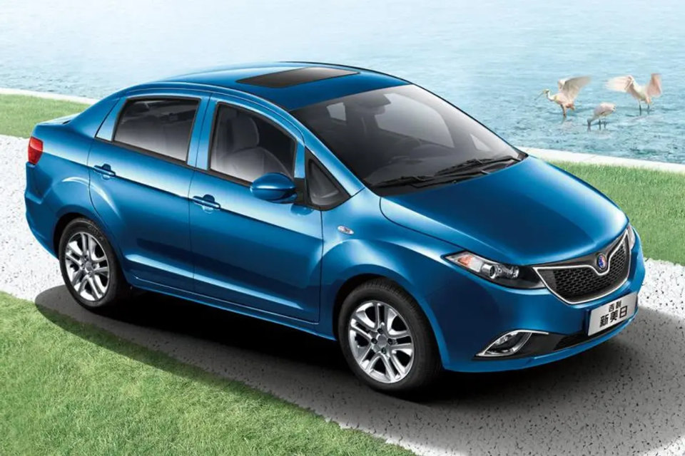 Geely New Meiri in blue with a fake road, water and birds added to the image.