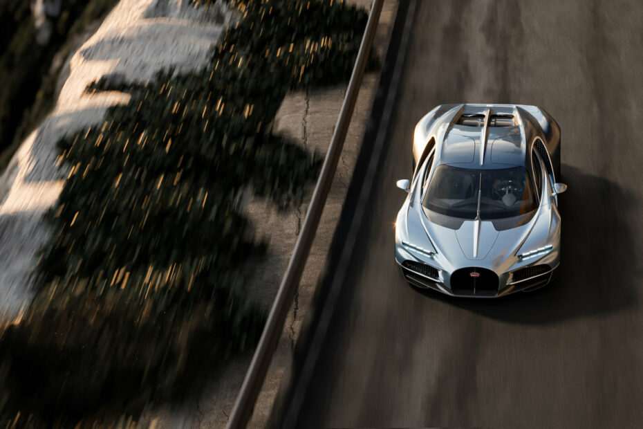 Bugatti Tourbillon shown from above, speeding on a road.