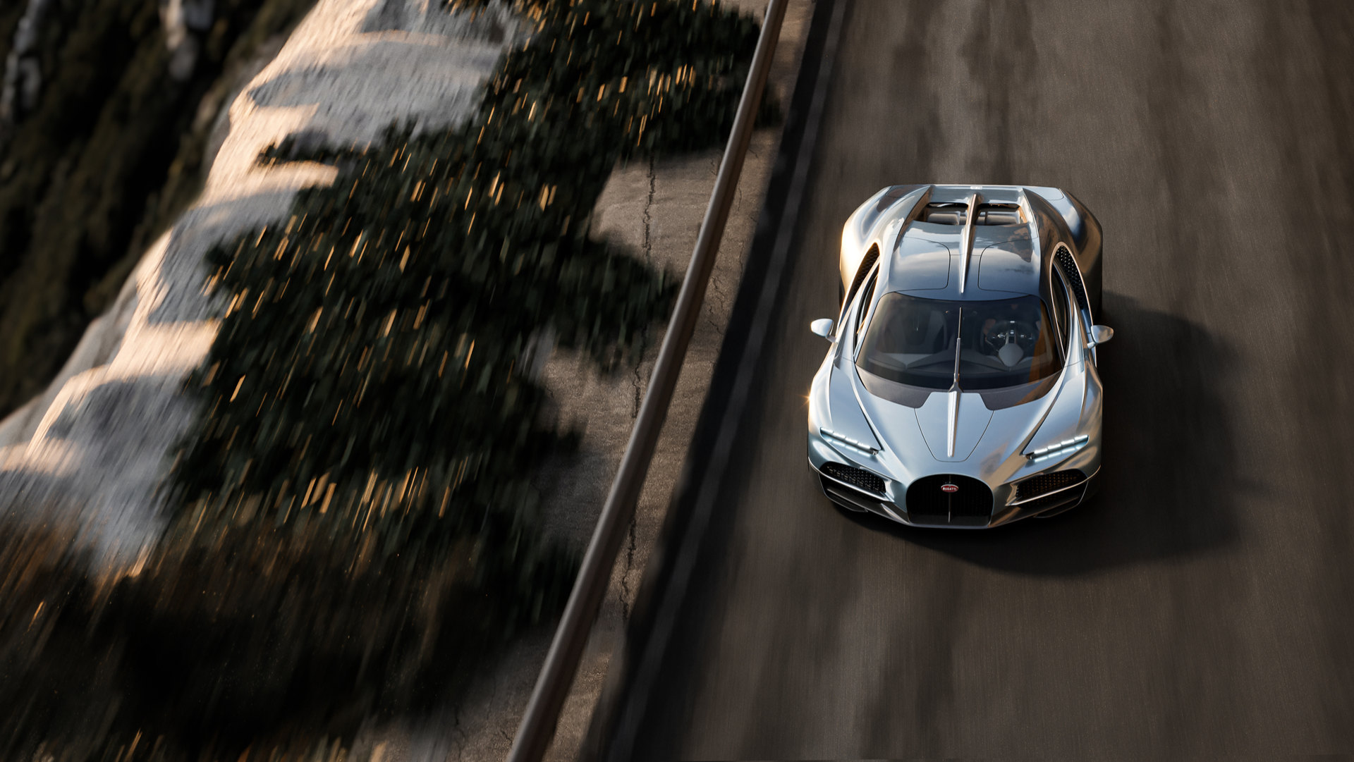 Bugatti Tourbillon shown from above, speeding on a road.